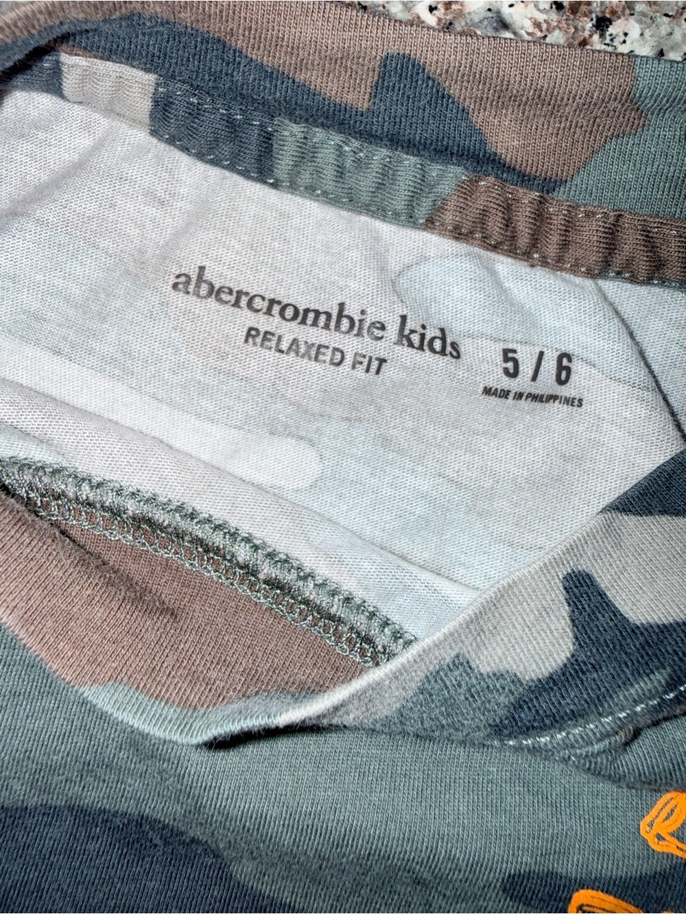 Abercrombie & Fitch Kids Camo Tee in Green, Brown, Blue with Yellow Logo - Picture 5 of 5